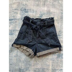 Express Super High Rise Dark Wash Belted Shortie Cuffed Denim Shorts Size 2